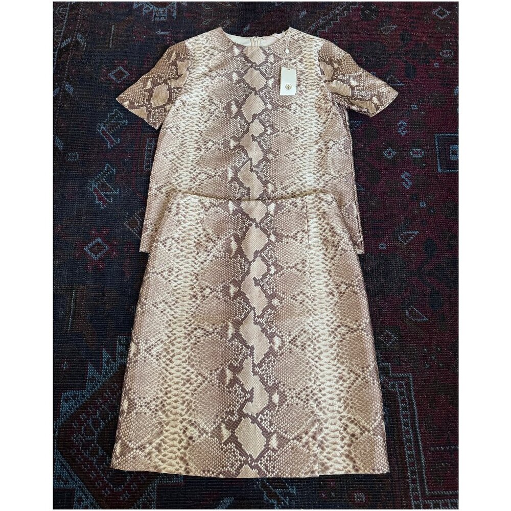 Tory Burch "Mikado" Python Snake Skin Pencil Skirt & Shirt Set | Sz 2 4 | Beige